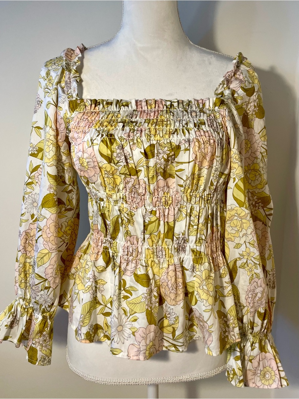 Who What Wear White Floral Smocked Square-Neck Blouse with Pink & Olive Accents